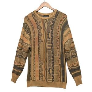 Mens L 3D Knit Vtg Coogi STYLE Sweater Tan Brown Geometric Textured Grandpacore